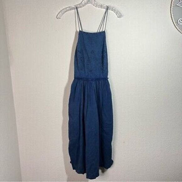 New Lucky Brand Womens Schiffly Bib Midi Dress‎ Size M Denim Blue Sleeveless - Picture 1 of 8